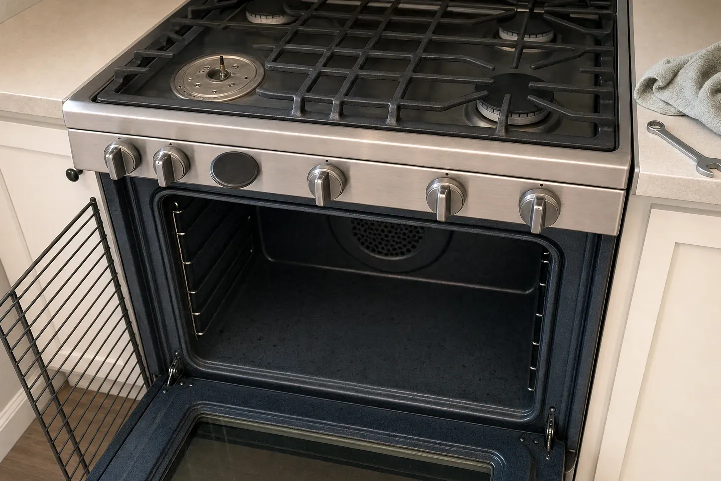 Open oven cavity with the round perforated convection fan cover on the rear wall and the rack removed, cooktop grates above