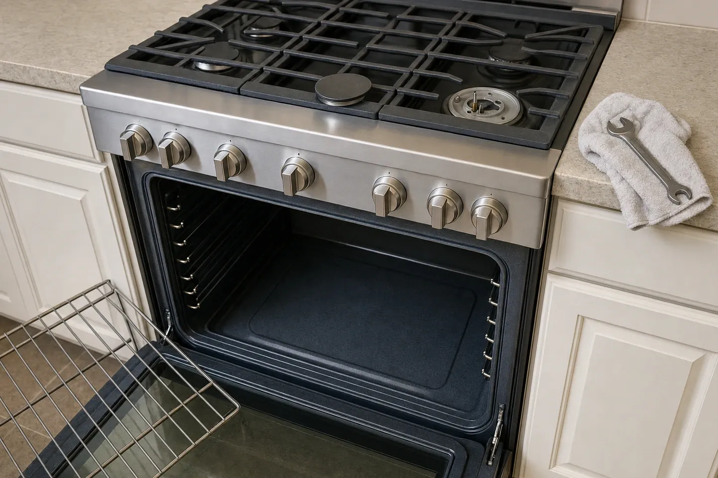 Gas range seen from above with one burner cap off exposing the igniter electrode, oven door open and a wrench draped over the counter edge