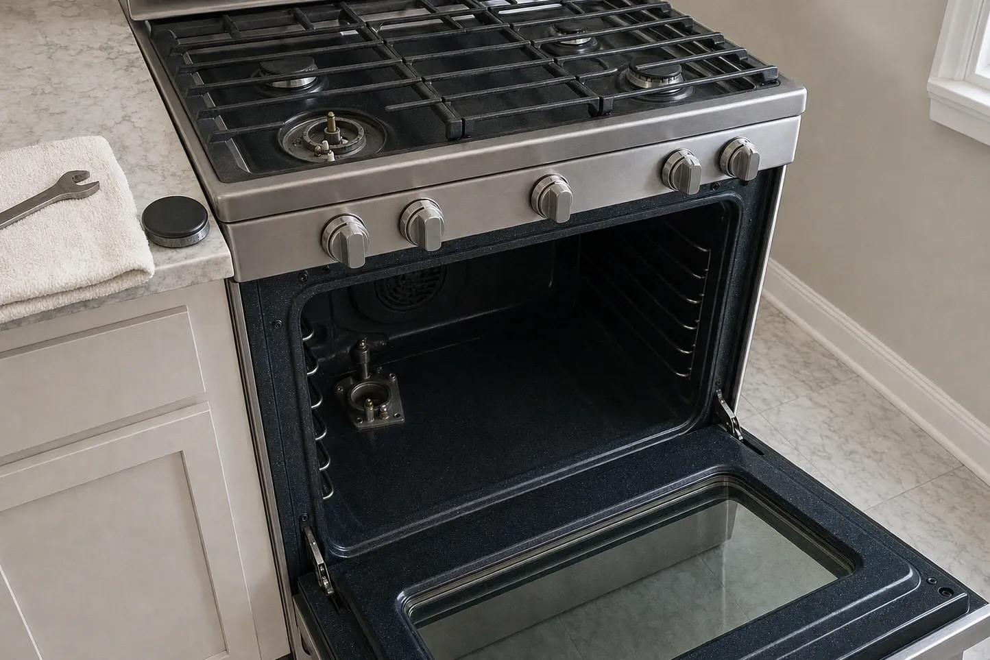 Raised view of a gas range on a marble counter, oven door open showing the rear fan cover and a burner bracket low in the cavity