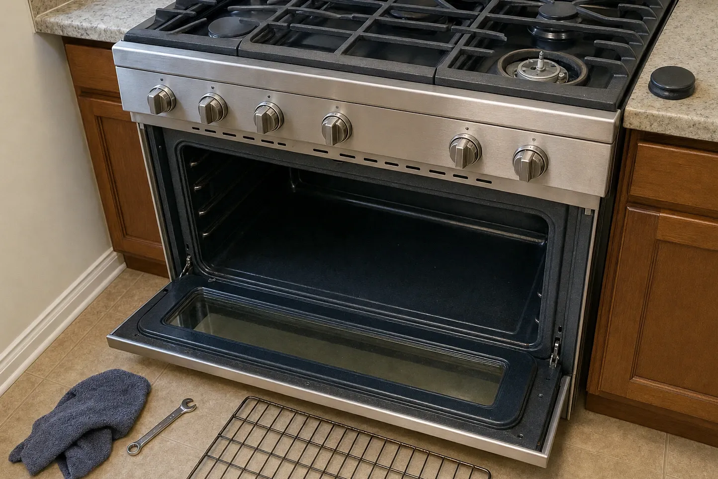 Wide stainless range with the oven door open flat on an empty cavity, a rear burner exposed, and a wrench and towel on the tile floor