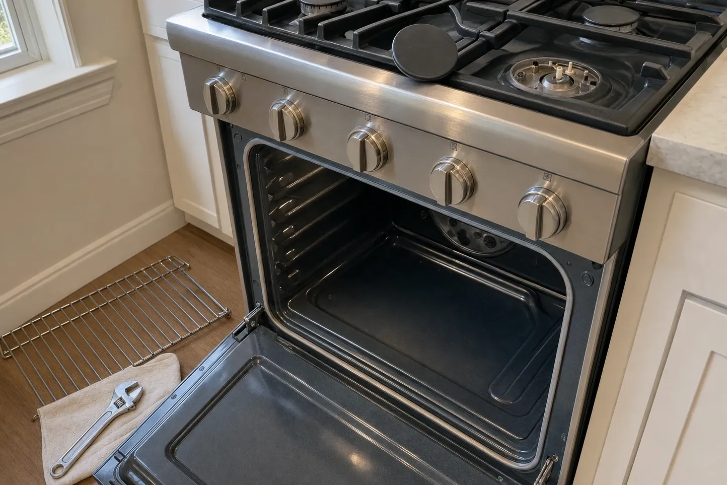 Stainless range beside a window with the oven door open, the rear fan visible in the cavity and one burner head exposed