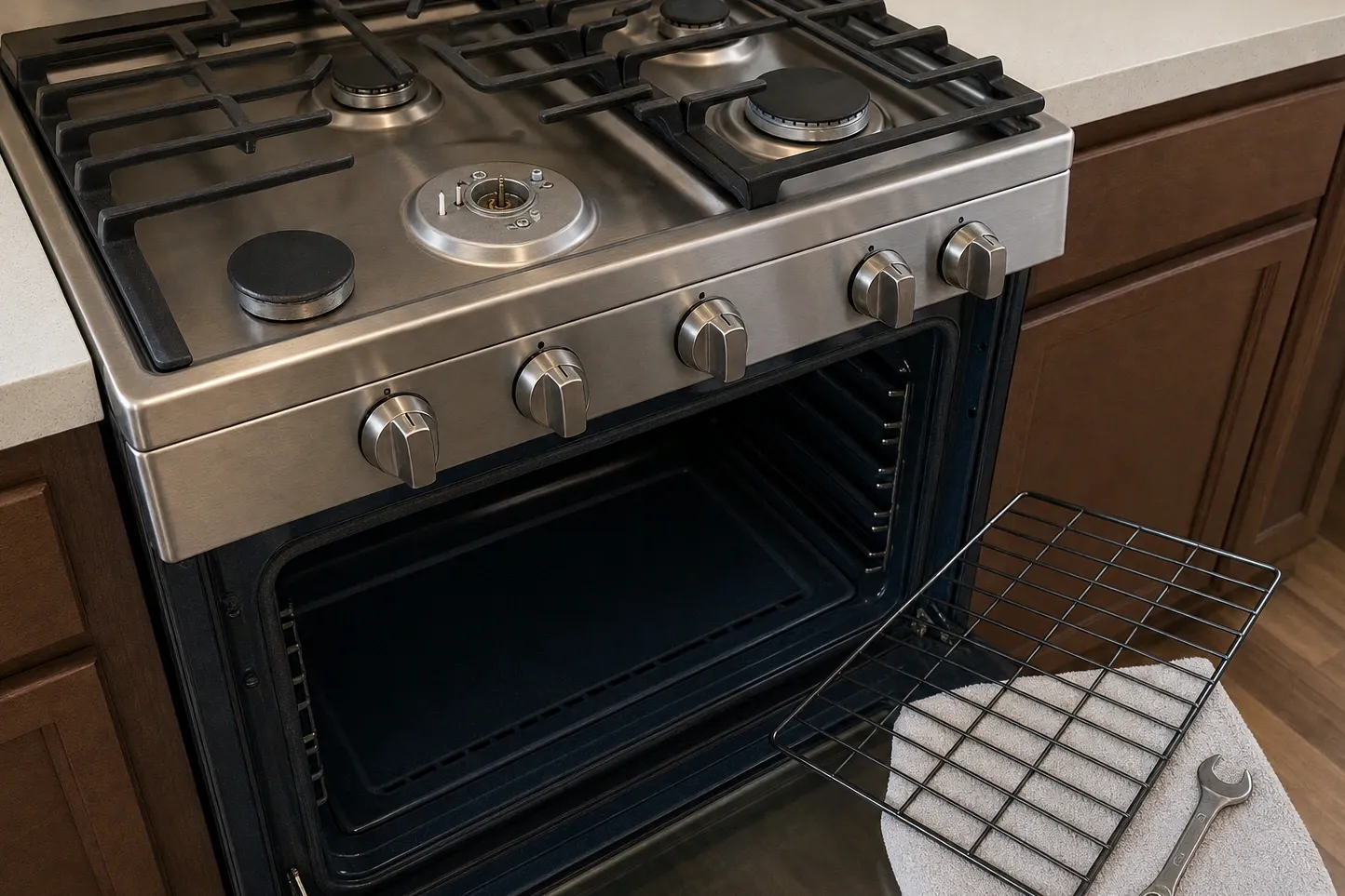 Cooktop deck at close range with one burner assembly opened up to the spark electrode and brass orifice, knurled control knobs in a row