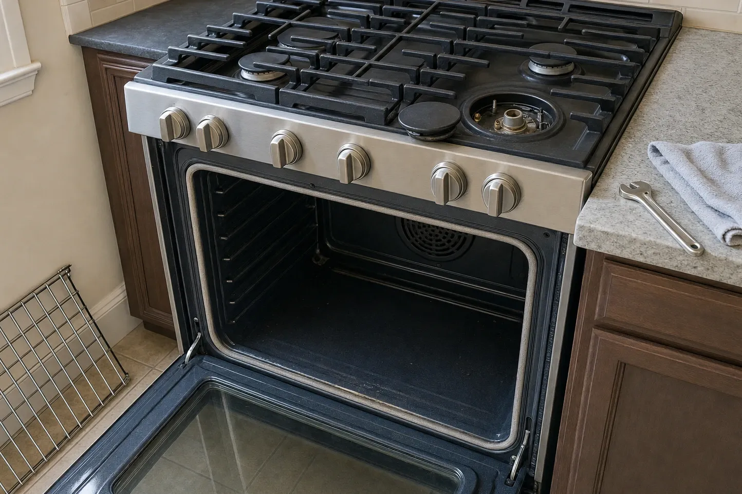 Wide gas range set between dark walnut cabinets, the front-right burner stripped down to its base and brass orifice with the removed cap lying flat on the deck