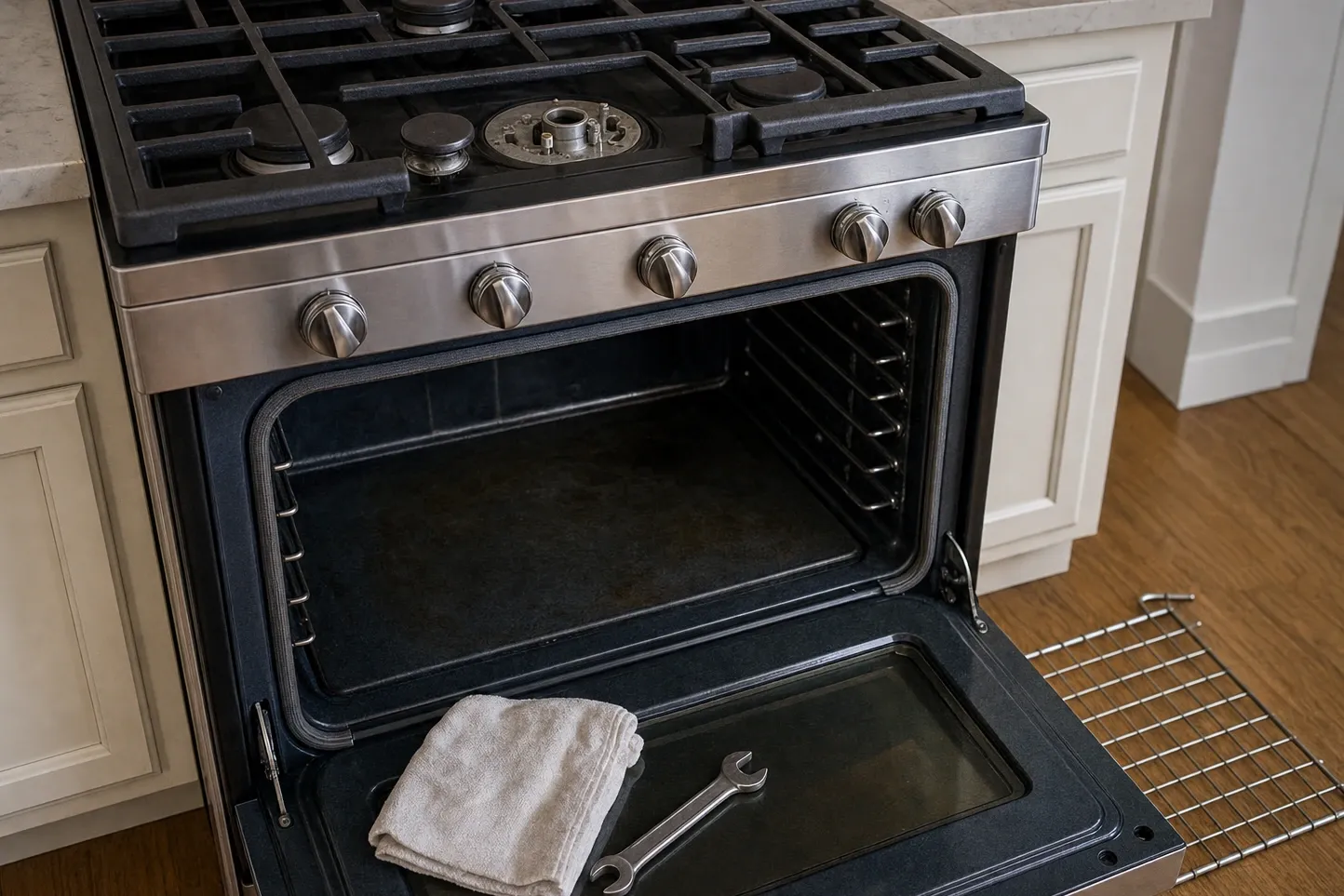 Gas burner base exposed with the cap and the burner ring both lifted off and set down next to it, a towel and an open-end wrench resting on the open oven door