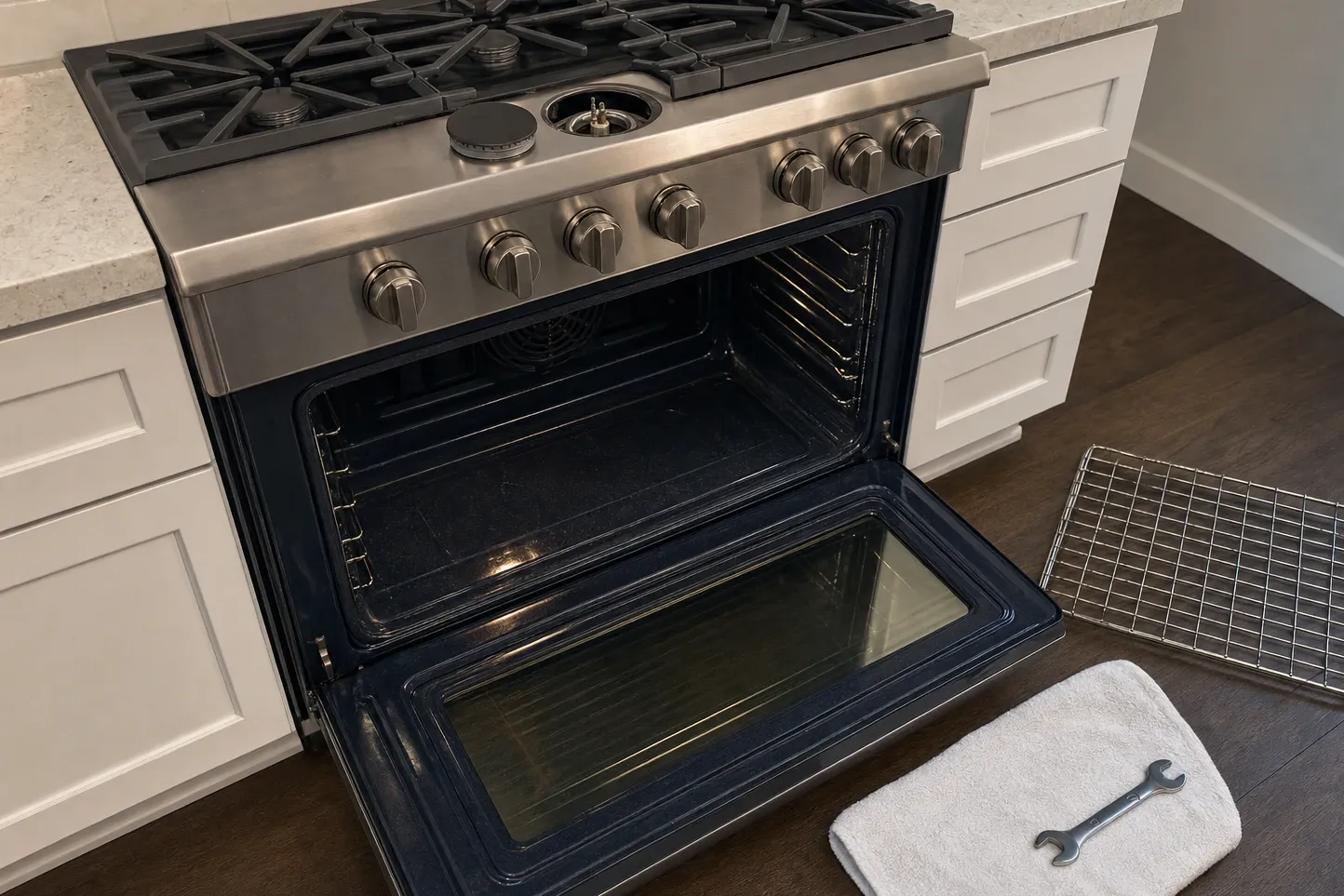 Wide gas range in white shaker cabinetry with one burner cap removed to show the brass spud, and the perforated fan cover high on the cavity wall